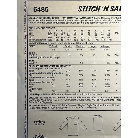 McCalls 6485 Sewing pattern tunic long sleeve pencil skirt size Xs S M - Picture 4 of 6